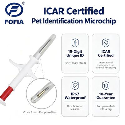 FOFIA ZS007 ICAR Certified 134.2kHz RFID Chip Ear Tag Animal Microchip FDX/EM4305 IP67 Waterproof White PP 1.4x8mm Dog Cat Horse