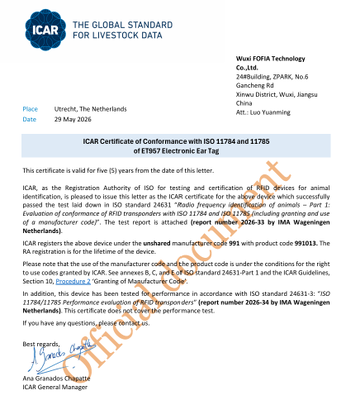 ICAR Certificated Fofia ET957 T967 RFID Electronic Animal Tracking Ear Tag TPU Laser Coded Goat Sheep Farm