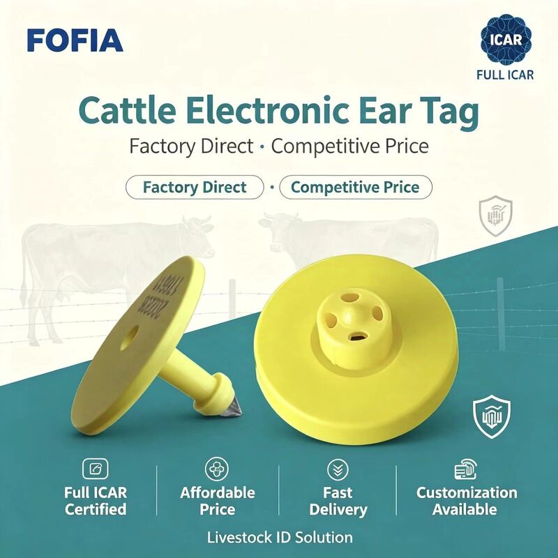 নতুন সম্পূর্ণ ICAR জলরোধী RFID TPU হলুদ পশুর কানের ট্যাগ 14.5mm EM4305 চিপস 5 বছরের ওয়ারেন্টি ফোফিয়া ফার্ম ব্যবহার